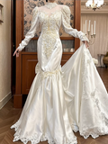 Vintage Wedding Dress High Collar Long Sleeves Pearl Mermaid Wedding Dress HZ0319