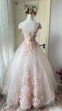 Cute Prom Dress Crew Neck Backless Pleated Floral Evening Dress Quinceanera Dress Ball Gown HZ0319