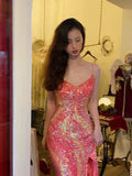 Shiny Prom Dress Spaghetti Straps Slit Evening Dress Cocktail Dress Birthday Party Outfits HZ0319