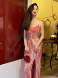 Shiny Prom Dress Spaghetti Straps Slit Evening Dress Cocktail Dress Birthday Party Outfits HZ0319
