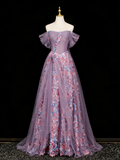 Stunning Prom Dress Off Shoulder Pleated Tulle Floral Gala Dress Evening Dress HZ0319