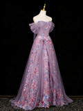 Stunning Prom Dress Off Shoulder Pleated Tulle Floral Gala Dress Evening Dress HZ0319