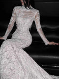 Elegant Wedding Dress Crew Neck Backless Long Sleeves Mermaid Wedding Dress HZ0319
