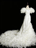 Vintage Wedding Dress Asymmetrical Neck Pleated Ruffle Wedding Dress HZ0319