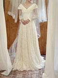 Retro Wedding Dress V-neck Lace Long Sleeves Pleated Wedding Dress HZ0319