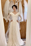 Retro Wedding Dress V-neck Lace Long Sleeves Pleated Wedding Dress HZ0319