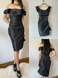 Minimalist Short Prom Dress Satin Black Off Shoulder Pleated Formal Dress Evening Dress Gala Dress HZ0319