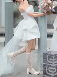 Minimalist Wedding Dress Off Shoulder Pleated Hi-Lo Short Wedding Dress Prom Dress HZ0319