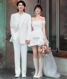 Minimalist Wedding Dress Off Shoulder Pleated Hi-Lo Short Wedding Dress Prom Dress HZ0319