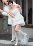 Minimalist Wedding Dress Off Shoulder Pleated Hi-Lo Short Wedding Dress Prom Dress HZ0319