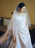 New Arrival Wedding Dress Satin A Line Asymmetrical Neck Pleated Wedding Dresses HZ0319