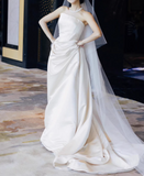 New Arrival Wedding Dress Satin A Line Asymmetrical Neck Pleated Wedding Dresses HZ0319