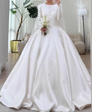 Minimalist Wedding Dress Satin Crew Neck Long Sleeves Wedding Dresses HZ0319