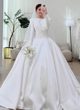 Minimalist Wedding Dress Satin Crew Neck Long Sleeves Wedding Dresses HZ0319