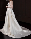 Elegant Wedding Dress Satin Asymmetrical Neck Pleated Wedding Dresses with Trian HZ0319