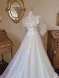 Stunning Wedding Dress A Line High Collar Tulle Pleated Wedding Dress HZ0319
