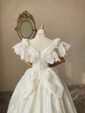 Retro Wedding Dress Crew Neck Pleated Flower Wedding Dress HZ0319