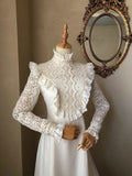 Retro Wedding Dress A Line High Collar Long Sleeves Lace Wedding Dress HZ0319