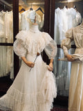 Retro Wedding Dress A Line High Collar Pleated Tulle Wedding Dress HZ0319