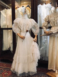 Retro Wedding Dress A Line High Collar Pleated Tulle Wedding Dress HZ0319