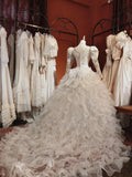 Vintage Wedding Dress Crew Neck Long Sleeves Ruffle Wedding Dresses HZ0319