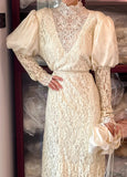 Retro Wedding Dress High Collar Long Sleeves Pleated Wedding Dress HZ0319
