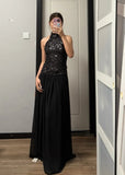 Shiny Prom Dress Black Halter Pleated Gala Dress Evening Dress Cocktail Dress HZ0319