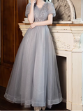 Shiny Prom Dress Short Sleeves Tulle Pleated Gala Dress Evening Dress Formal Dress HZ0319