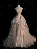 Pearl Pink Strapless A-Line Tulle Long Party Gown with Pearls HZ0319