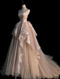 Pearl Pink Strapless A-Line Tulle Long Party Gown with Pearls HZ0319