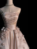 Pearl Pink Strapless A-Line Tulle Long Party Gown with Pearls HZ0319
