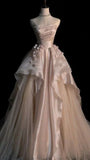 Pearl Pink Strapless A-Line Tulle Long Party Gown with Pearls HZ0319