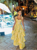 Pastel Yellow Ruffle Tiered A-Line Long Party Prom Dress HZ0319