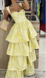 Pastel Yellow Ruffle Tiered A-Line Long Party Prom Dress HZ0319