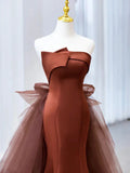 Brown Mermaid Satin Tulle Long Prom Dress, Brown Long Evening Dress HZ0319