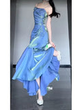 Vintage Blue Spaghetti Strap Ruffle Design Elegant A-line Satin Evening Dress Prom Dress HZ0319