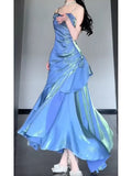 Vintage Blue Spaghetti Strap Ruffle Design Elegant A-line Satin Evening Dress Prom Dress HZ0319