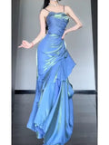Vintage Blue Spaghetti Strap Ruffle Design Elegant A-line Satin Evening Dress Prom Dress HZ0319