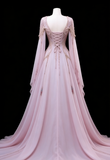 Pink Long Sleeves A-Line Elegant Long Formal Prom Dress Evening Gown Gala Dress, HZ0319