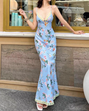 Vintage Blue Floral V-neck Spaghetti Strap Design A-line Party Dress, HZ0319