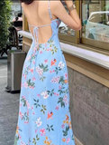 Vintage Blue Floral V-neck Spaghetti Strap Design A-line Party Dress, HZ0319