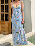 Vintage Blue Floral V-neck Spaghetti Strap Design A-line Party Dress, HZ0319