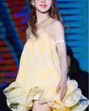New Fashion Light Yellow Single Shoulder Strap Ruffled Hem Design Summer Party Dress Homecoming Dress, HZ0319