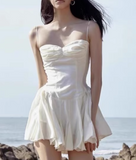 New Fashion White Sweetheart Spaghetti Strap Ruffled Hem Design Summer Party Dress, HZ0319