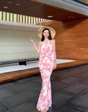 Vintage Pink Floral V-neck Design Elegant Beach Holiday Mermaid Sleeveless Halter Dress Summer Dress Party Dress, HZ0319