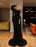 Black Evening Dresses High Neck Side Split Long Sleeve Mermaid Prom Dress Feather Beaded Sexy Special Occasion Gowns HZ0319