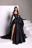 Retro Black Sweetheart Irregular Ruffle Hem Lace Gloves Design Elegant A-Line Satin Evening Dress Prom Dress HZ0319