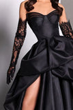 Retro Black Sweetheart Irregular Ruffle Hem Lace Gloves Design Elegant A-Line Satin Evening Dress Prom Dress HZ0319