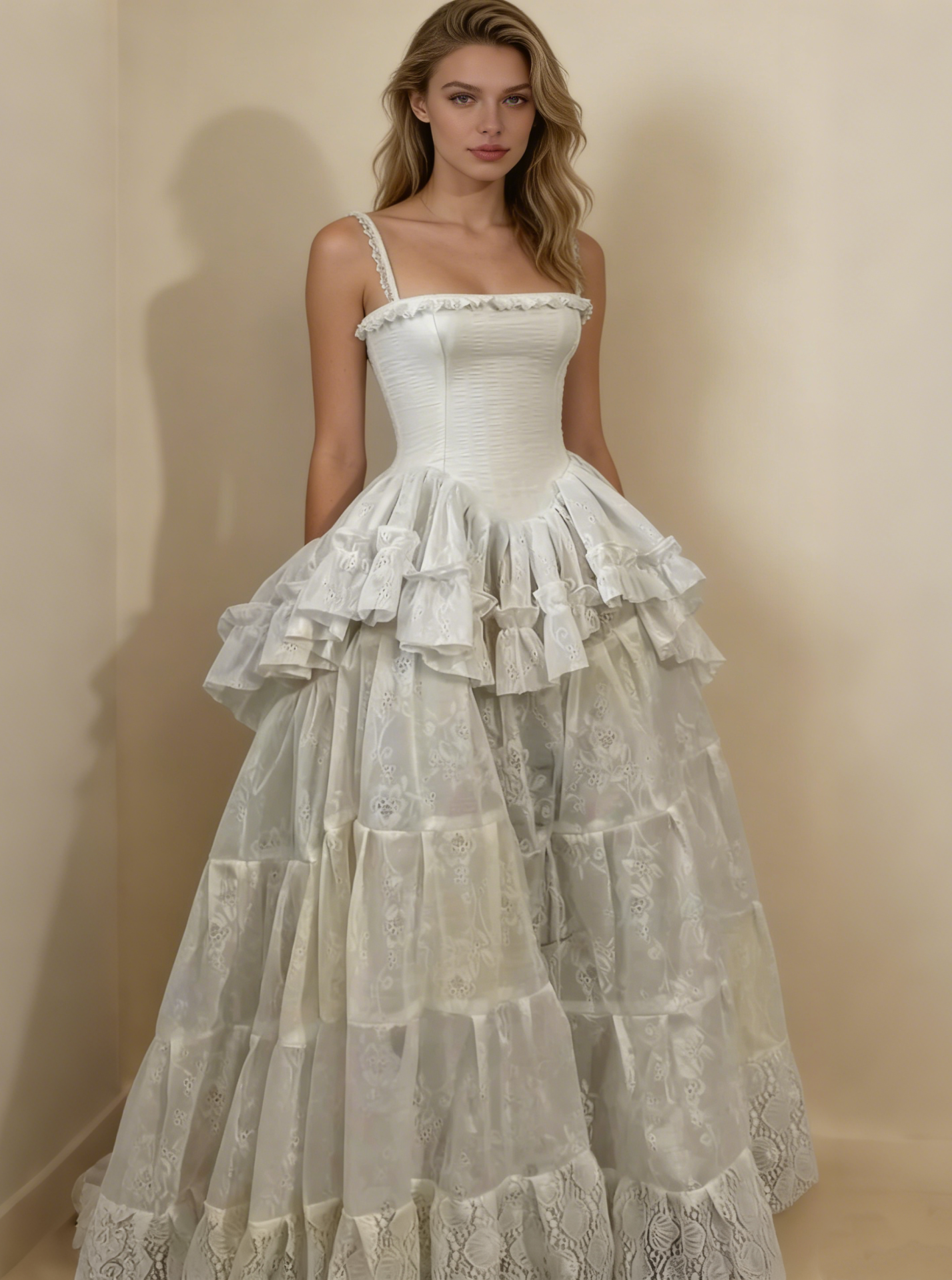 Retro Spaghetti Straps A-Line Lace Ruffles Vintage Wedding Dress Eveing Dress, HZ0319