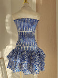 Vintage Dark Blue Pattern Design Strapless Mini Party Dress Homecoming Dress HZ0319
